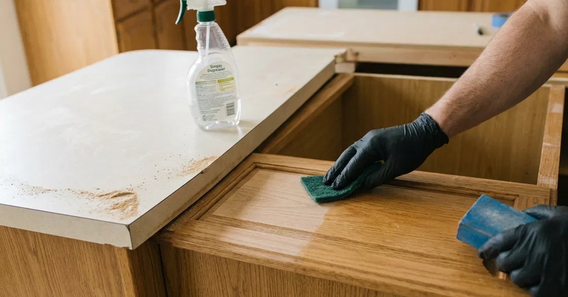 Gloved hands scrubbing a cabinet door with a degreaser spray bottle and scouring pad