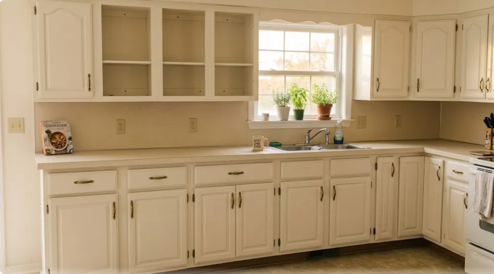 Finished kitchen with cabinets painted soft white, hardware reinstalled, and counters clear