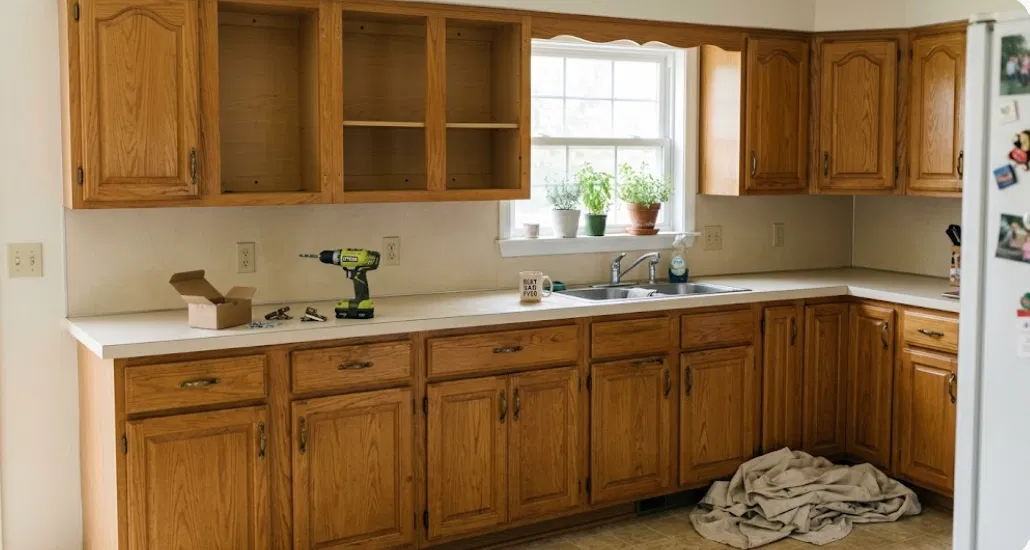 Dated oak kitchen with several cabinet doors removed, a cordless drill and hinge screws on the counter