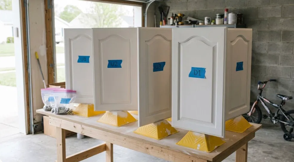 White primed cabinet doors standing on pyramid stands in a garage workshop with labeled tape