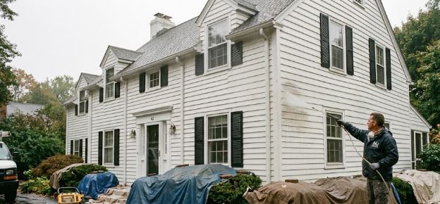 Painter pressure washing white clapboard siding on a two-story colonial home with shrubs covered by tarps