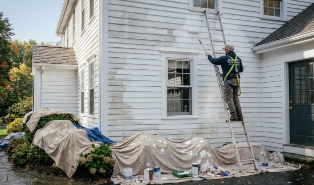 Painter on an extension ladder spot-priming scraped areas of white clapboard siding before painting a house exterior