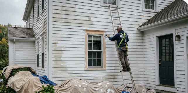 Painter on a ladder with a safety harness scraping old paint from wood window trim on white siding during exterior house prep